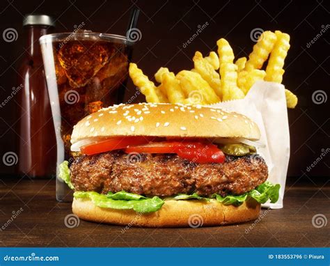 Big Size Hamburger With French Fries And Coke Stock Photo Image Of