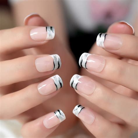 24pcs Classical Light Pink French Nail Pointed Simple Design Gray Nail