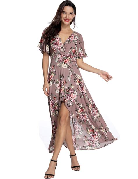 Azalosie Wrap Maxi Dress Short Sleeve V Neck Floral Flowy Front Slit