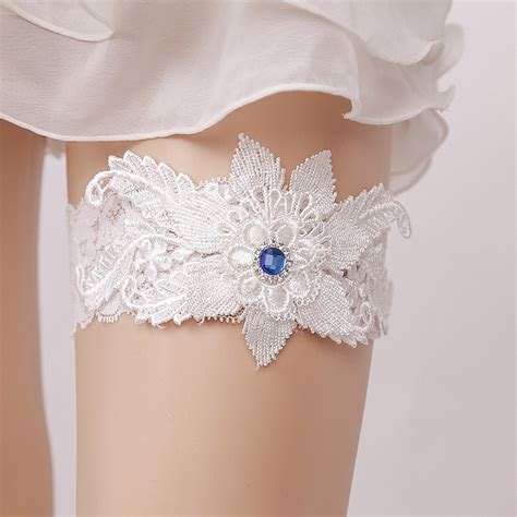 Wedding Garters Blue Rhinestone White Embroidery Floral Sexy Garters For Womenfemalebride
