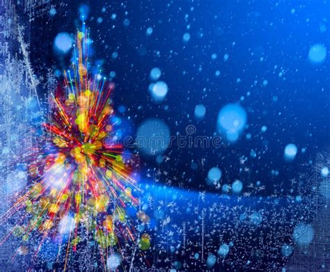 Christmas Tree Lights On Snowy Sky Background Stock Photo Image Of