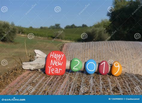 Happy New Year 2019 With Multi Colored Stones On A Hay Roll With