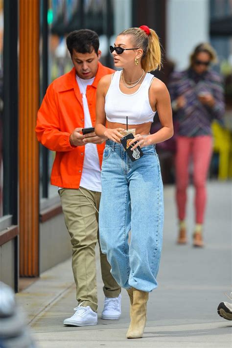 Hailey Baldwin Wears A White Crop Top Out In Soho Nyc Celeb Donut