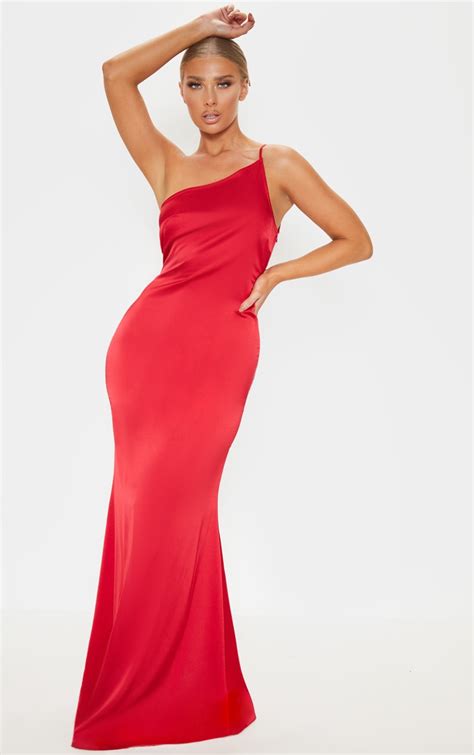 Red Satin One Shoulder Maxi Dress Dresses Prettylittlething Ksa