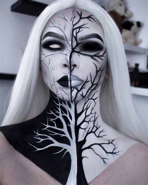 Half Face Black And White With Trees Halloween Makeup
