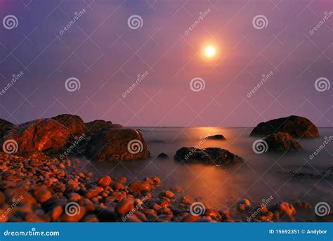 Moon Path Over The Night Sea With Rocks Stock Image Image Of Natural