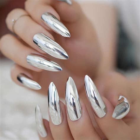 24pcs Metallic Stiletto Extra Long Silver Nails Mirror Effect Nail Ladies Fashion Artificial