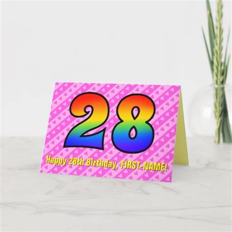 Fun Pink Stripes Hearts Rainbow 28th Birthday Card
