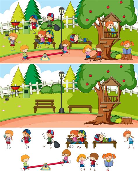 Park Scene Set With Many Kids Doodle Cartoon Character Isolated 3303736