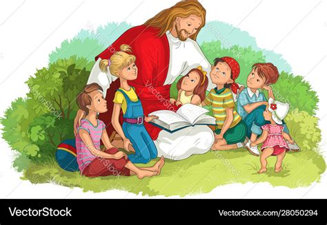 Jesus Reading Bible With Children Isolated Vector Image
