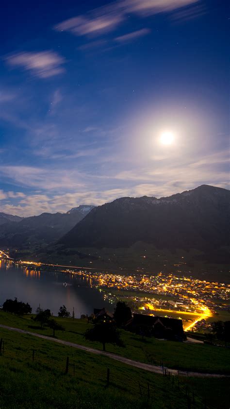 Lake Lucerne Wallpaper 4k Switzerland Moon Light Landscape Night