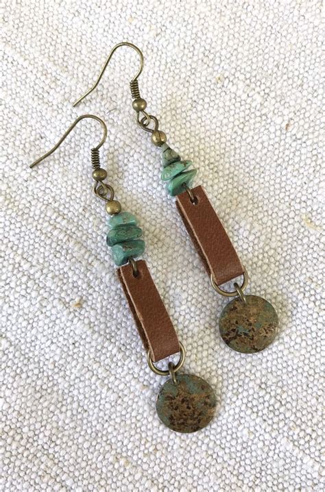 Leather Loop Earrings With Turquoise Beads And Round Etsy Leather