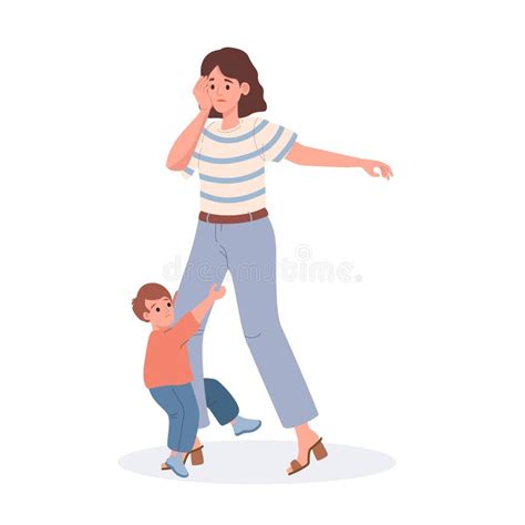 mother with her son vector flat illustration isolated on white background tired mom her little