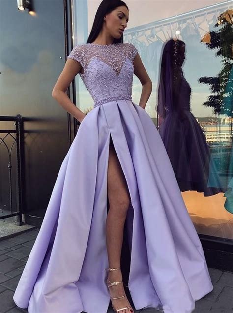 Prom Dress Boho Glamour Jewel Cap Sleeves Split Lavender Prom Dress