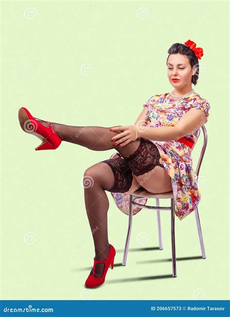 Woman Straightens Her Stocking Stock Image Image Of Girl Lady 206657573