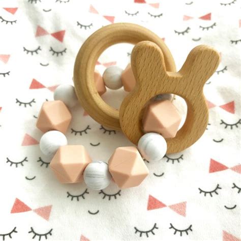 Silicone Teether With Wooden Ring Rattles Double By Hellobabyla
