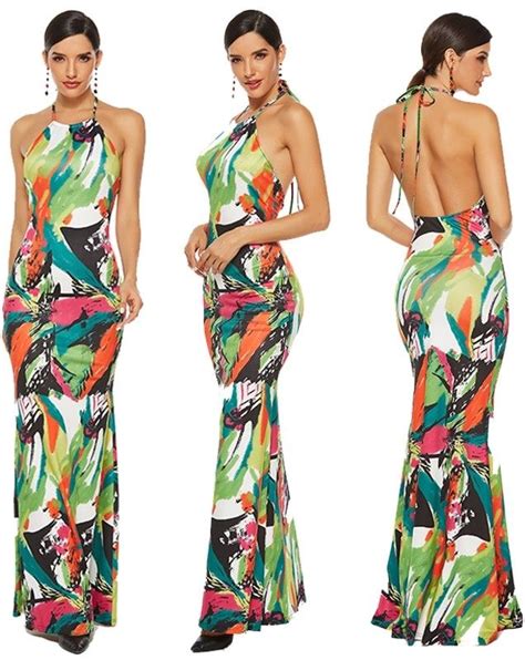 Sexy Halter Backless Long Mermaid Printed Prom Party Summer Beach Dress
