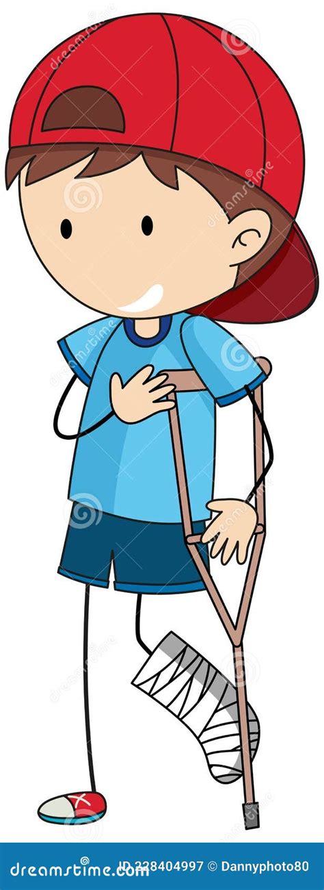 Doodle Cartoon Character Of A Boy Wearing Leg Splint And Wearing Crutch