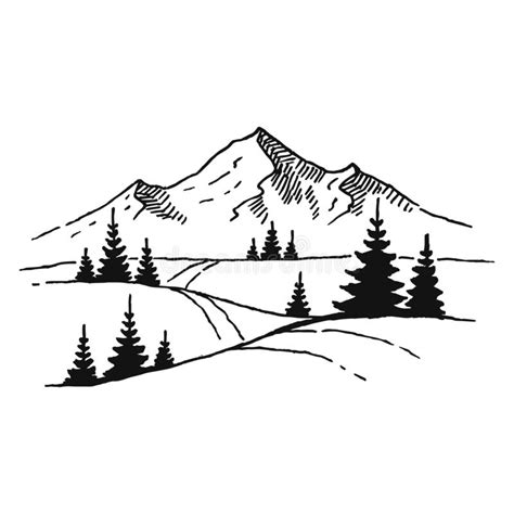 Hand Drawn Illustration Of Mountain Landscape With Pine Trees Stock