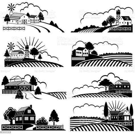 Retro Rural Landscapes With Farm Building In Field Vector Vintage
