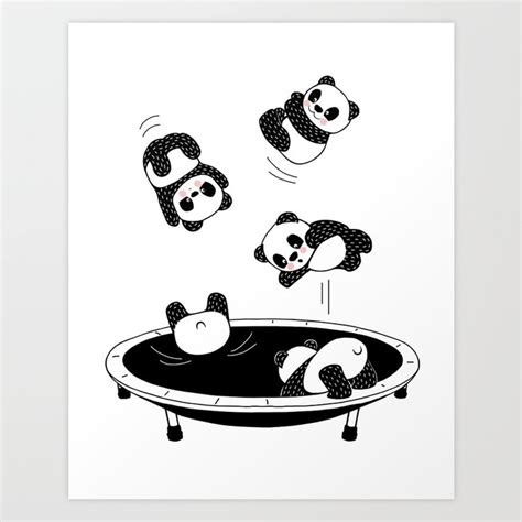 Bouncing Pandas On Trampoline Art Animal Drawing Print Black White