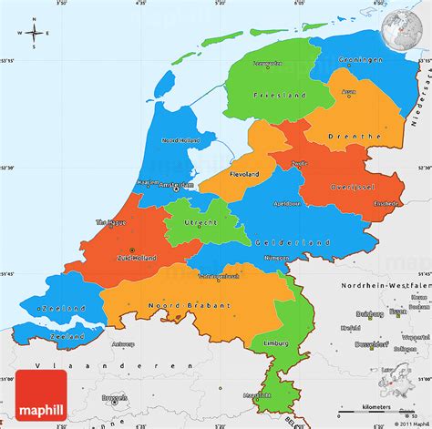 Political Simple Map of Netherlands, single color outside, borders and