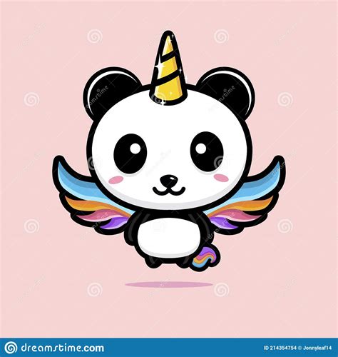 Cute Panda Animal Cartoon Character Becomes A Flying Unicorn With