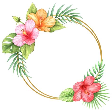 premium vector hibiscus and tropical leaves circle frame watercolor
