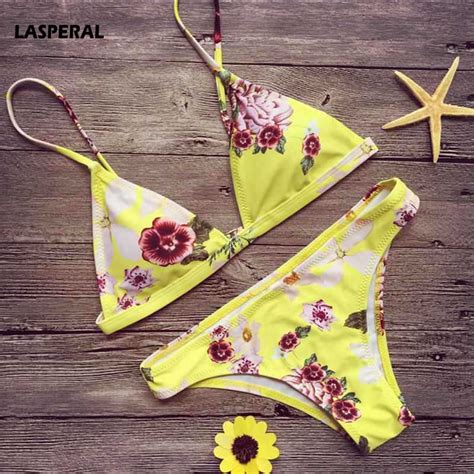 Lasperal 2017 Women Bikini Set Sexy Yellow Floral Print Push Up Thong Swimsuit Swimwear Beach