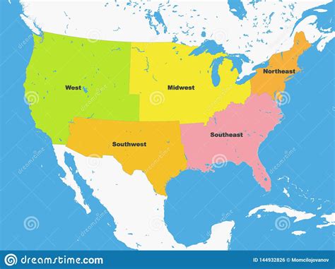 Color Map Of The Regions Of The United States Of America Stock Vector