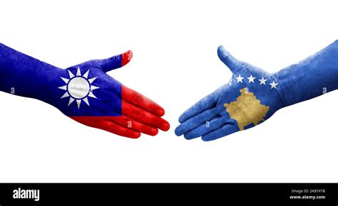 Handshake Between Taiwan And Kosovo Flags Painted On Hands Isolated