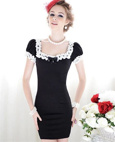 black retro slim fit gathered sleeves asian fashion dress with white edging with images