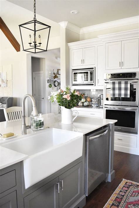 8 best faucet for farmhouse sink. Farmhouse Kitchen. Farmhouse sink and faucet. Grey island ...