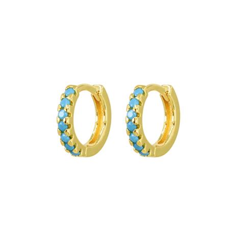 Mini Turquoise Pavé Gold Huggie Hoop Earrings Lucky Eleven Wolf