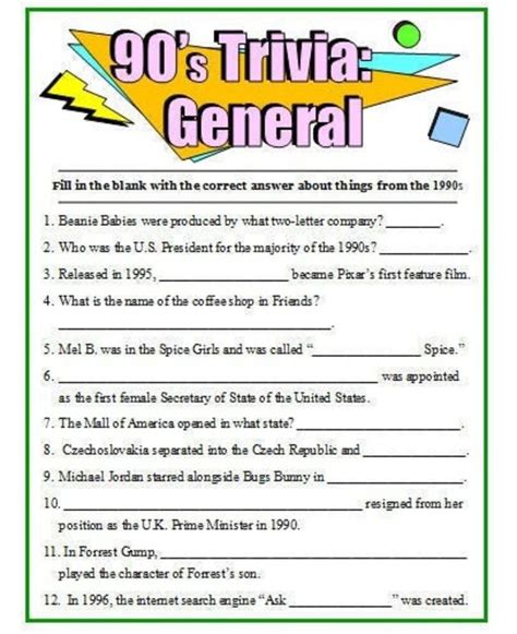 90s Theme Trivia Pack Of 50 Questions Questions Cover Etsy Movie