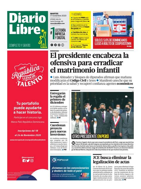 Portada Periódico Diario Libre Martes 17 De Noviembre 2020