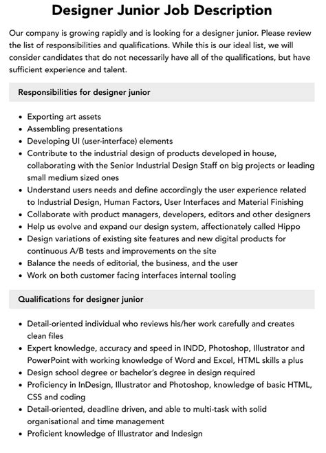 Designer Junior Job Description Velvet Jobs
