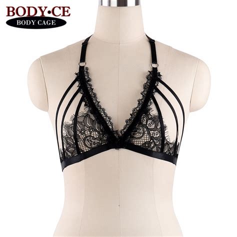 Body Cage Womens Fashion Lace Sheer Bondage Cage Halter Bra Strappy Elastic Black Body Harness