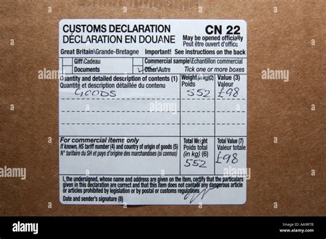 Close Up Of A Customs Declaration Label On A Parcel Stock Photo Alamy
