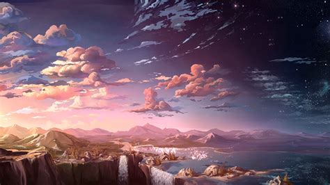 Anime 5120x2880 Anime Landscape Waterfall Clouds Natural Light Anime