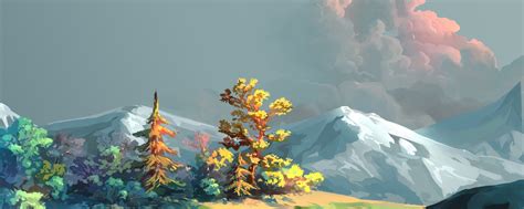Wallpaper Toon Shading Clouds Hills Mountain Fantasy Landscape