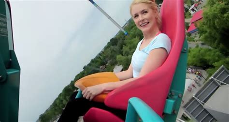 this blonde girl was so brave riding a roller coaster but when it started moving fast her
