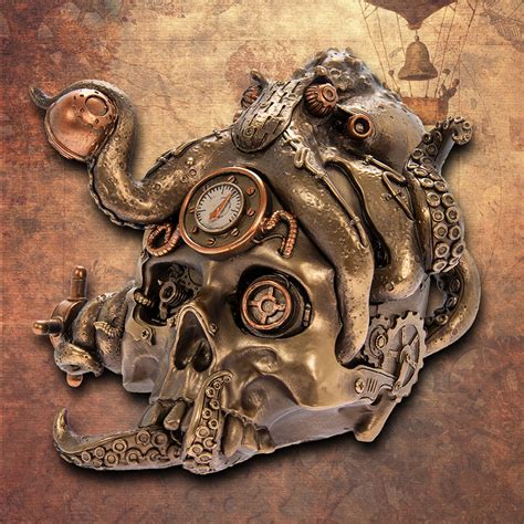 Bronze Steampunk Fantasy Gothic Skull Figurine Resin Ornament Statue