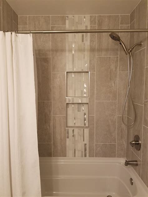 Fiberglass, grout, tile, and porcelain. Grey tile with fiberglass tub | Bathrooms remodel ...