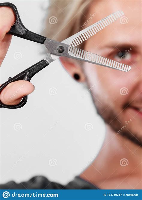 Man With Scissors Texturizing Or Thinning Shears Stock Image Image Of
