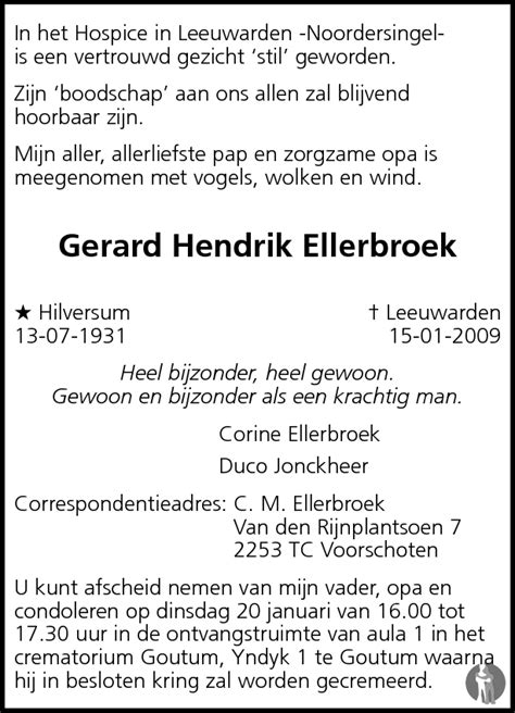 Gerard Hendrik Ellerbroek Overlijdensbericht En Condoleances My Xxx Hot Girl