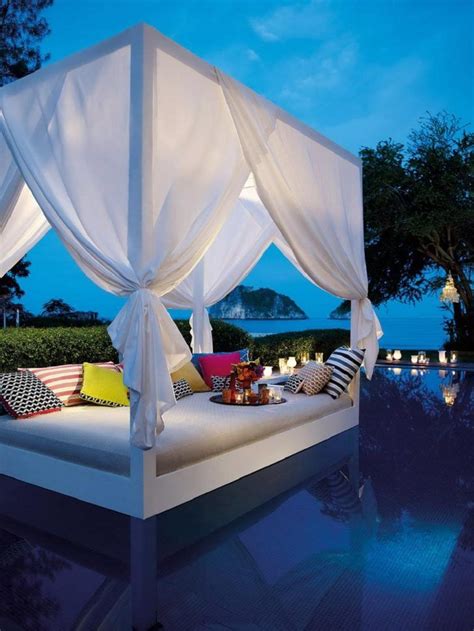 Stunning White Outdoor Pool Bed With Canopy And Curtains Comfortable Outdoor Bed Ideas For Pure