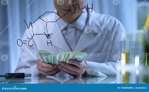 Scientist Counting Money Financing Of Research Chemical Formula On