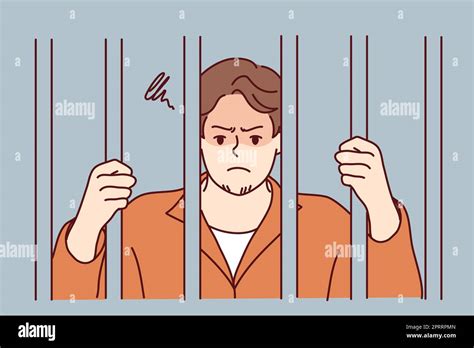 Unglücklicher Mann In Robe Hinter Gittern Im Gefängnis Wütender Männlicher Verbrecher Der