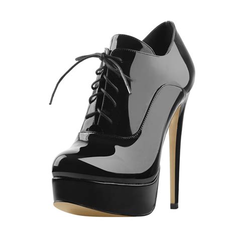 Platform Lace Up Stiletto High Heels Black Patent Leather Ankle Bootie Onlymaker